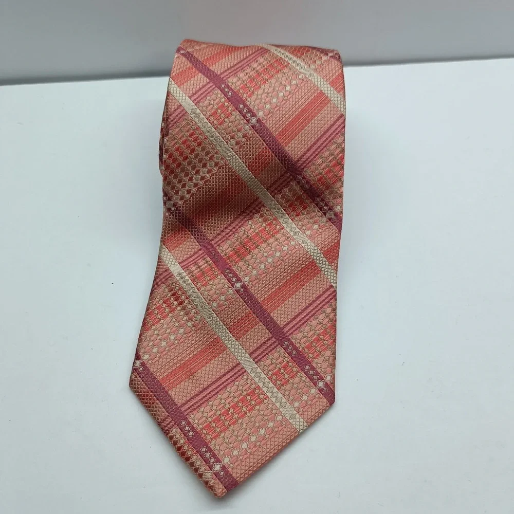 Stacy Adams Men's Tie Pink/Tan Plaid Handmade 100% Microfiber‎ 58.5in